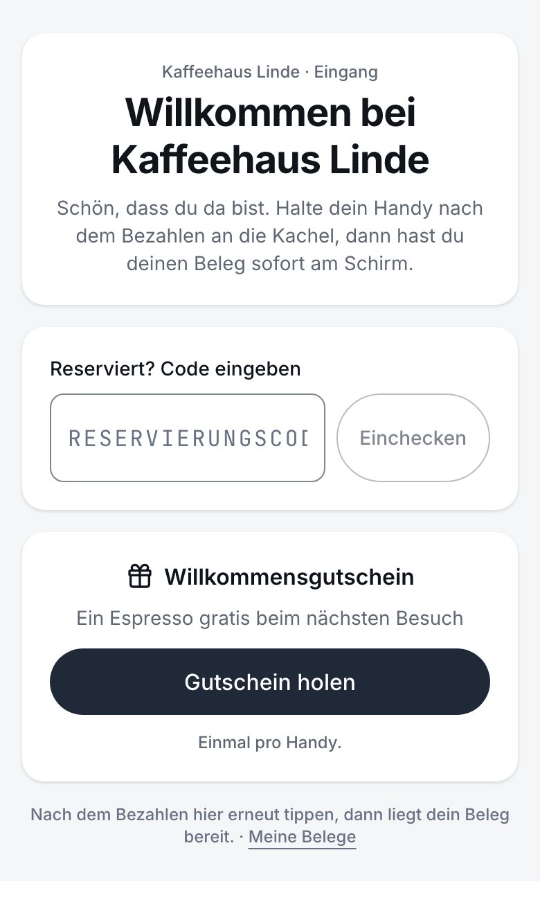 Willkommensseite am Handy: Willkommen bei Kaffeehaus Linde, Feld für den Reservierungscode, Willkommensgutschein Ein Espresso gratis beim nächsten Besuch